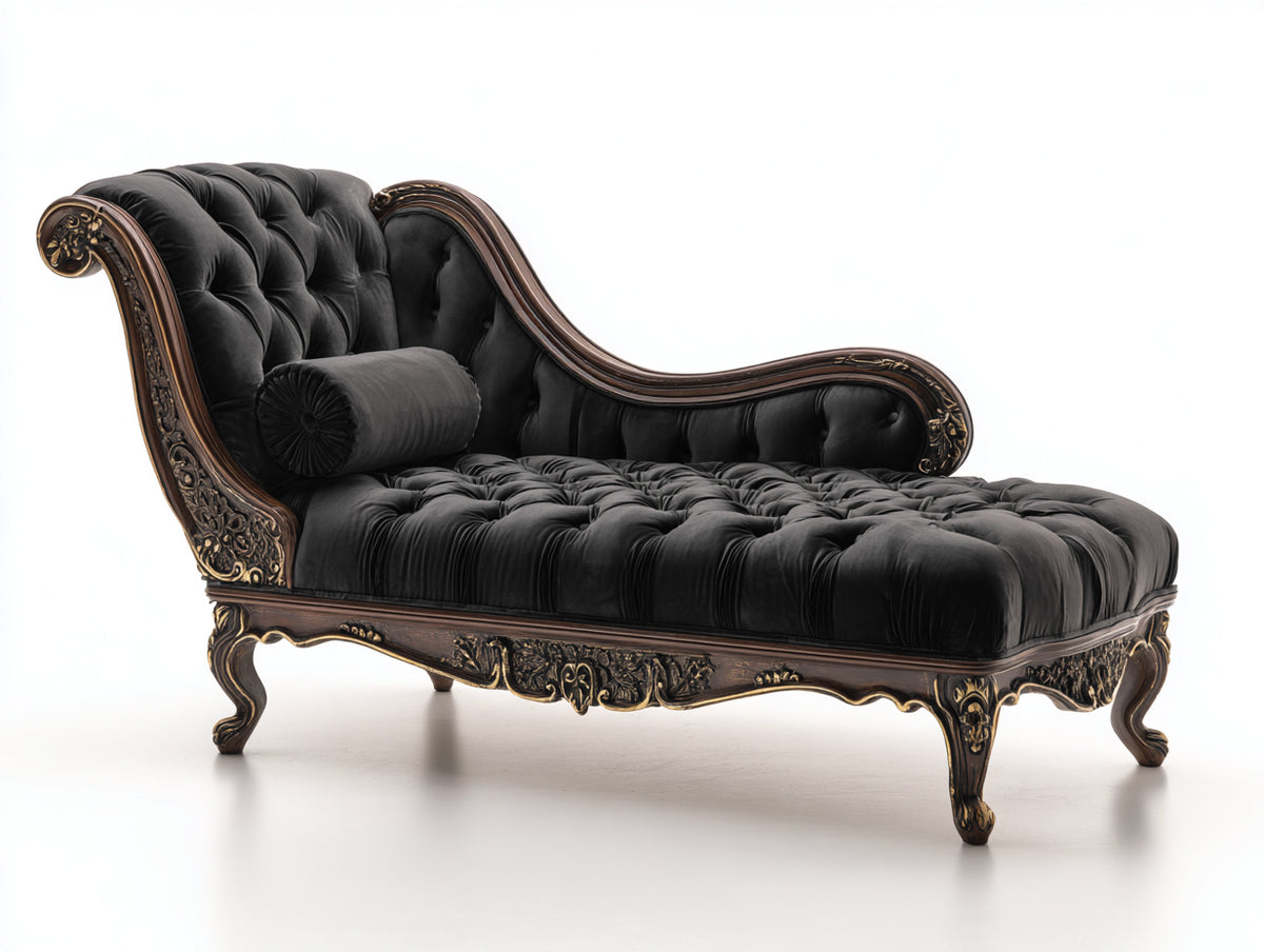 Chaise longue de terciopelo 230x90x85 cm color negro con estructura de madera estilo clásico vintage