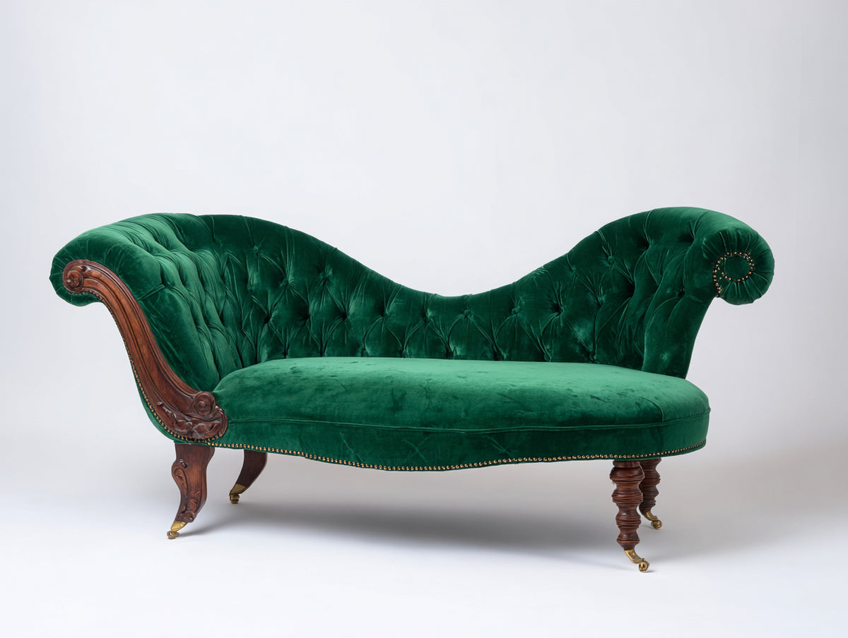 Chaise longue de terciopelo 230x90x85 cm color verde esmeralda con patas de madera estilo clásico