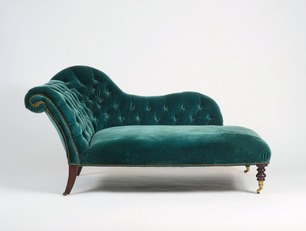 Chaise longue 170x75x85 cm tapizada en terciopelo azul verdoso con diseño clásico acolchado - Elegancia para salón y zona de descanso