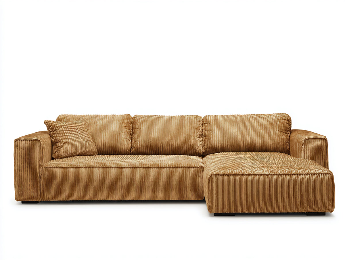 Sofás de esquina de tela chenilla 280x180x85 cm color marrón camel para salón diseño moderno