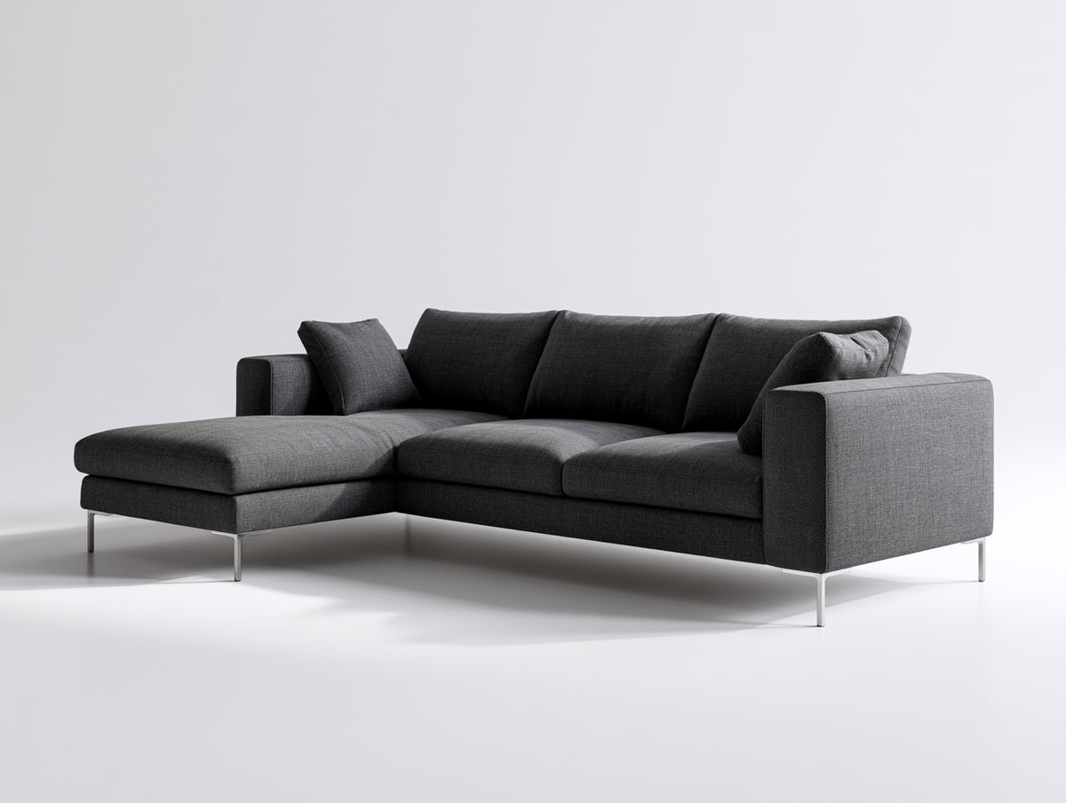 Sofás de esquina 280x220x85 cm tapizado en tela gris con diseño moderno y chaise longue - Sofá elegante para salón