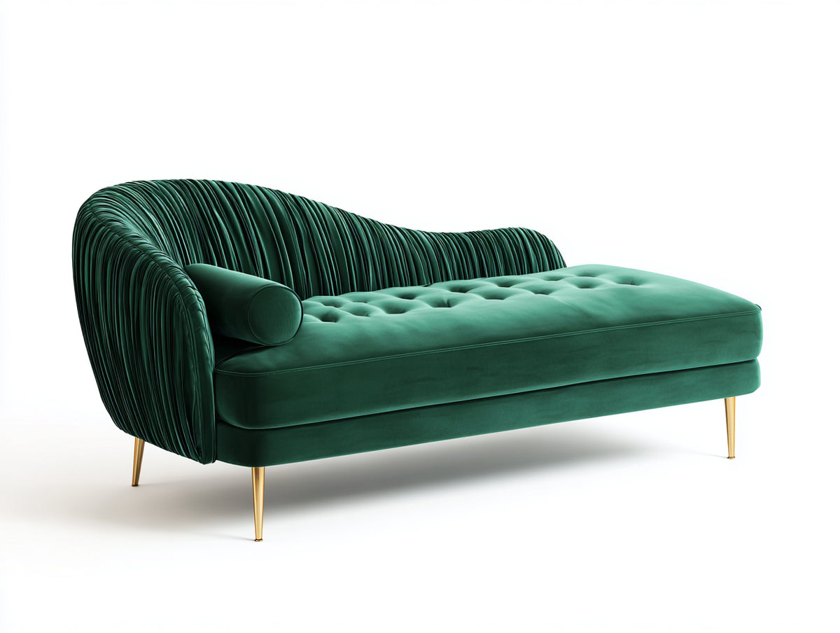 Chaise longue 175x75x80 cm tapizada en terciopelo verde con respaldo curvado y patas metálicas doradas - Diseño moderno para salón y zona de descanso