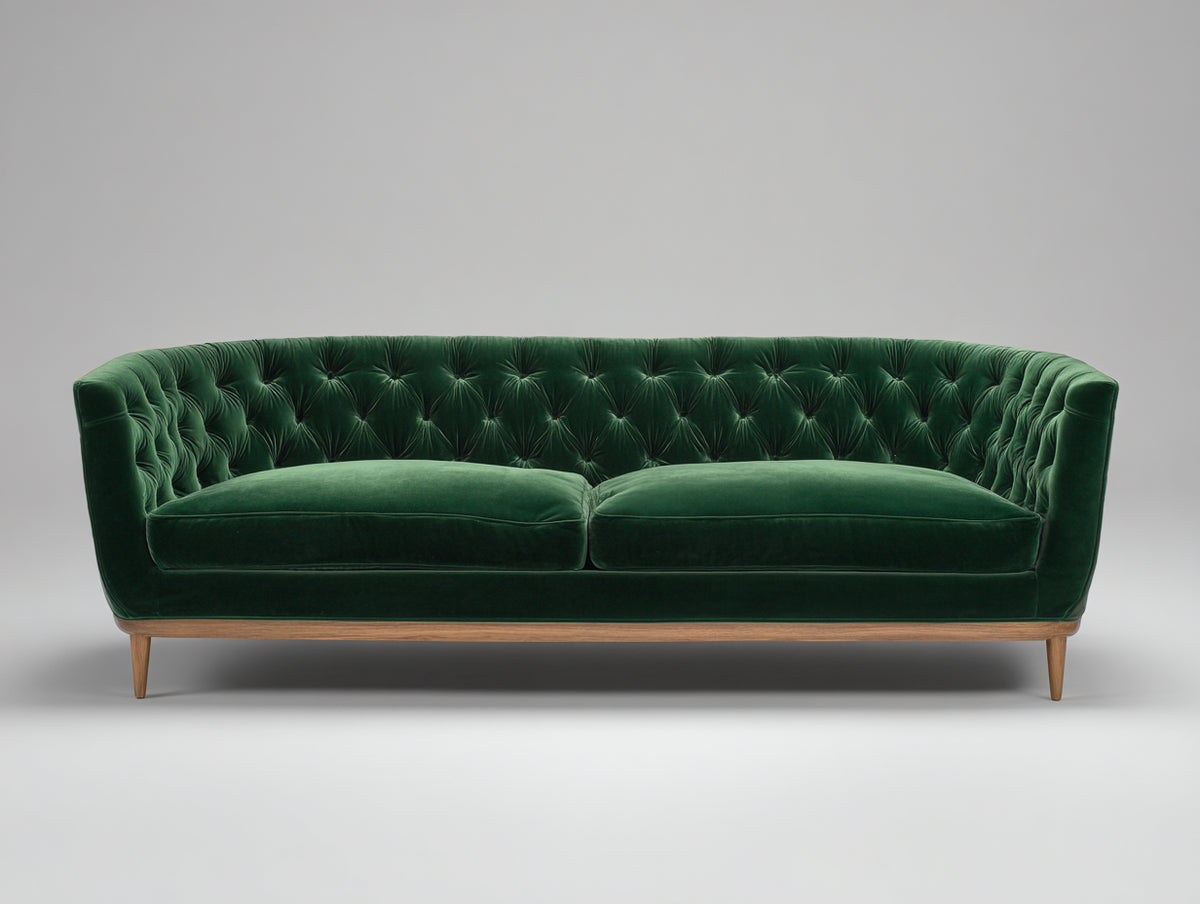 Sofás 2 plazas 220x90x80 cm tapizado en terciopelo verde con diseño capitoné y patas de madera - Sofá elegante para salón moderno