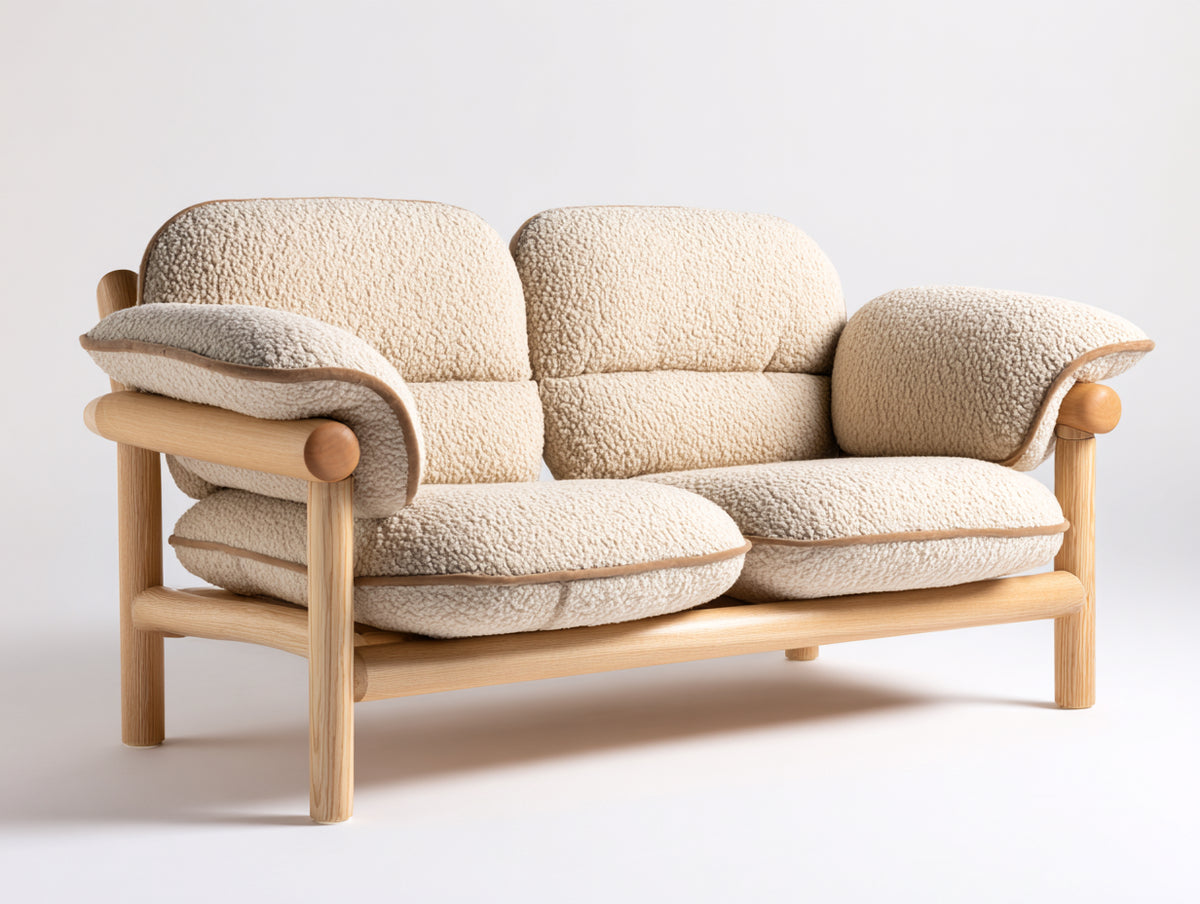 Sofás 2 plazas de tela bouclé 180x85x80 cm color beige con estructura de madera natural para salón estilo moderno