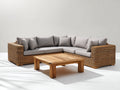 Sofá de exterior de ratán sintético 300x300x70 cm color gris con mesa de madera 120x120x40 cm estilo moderno
