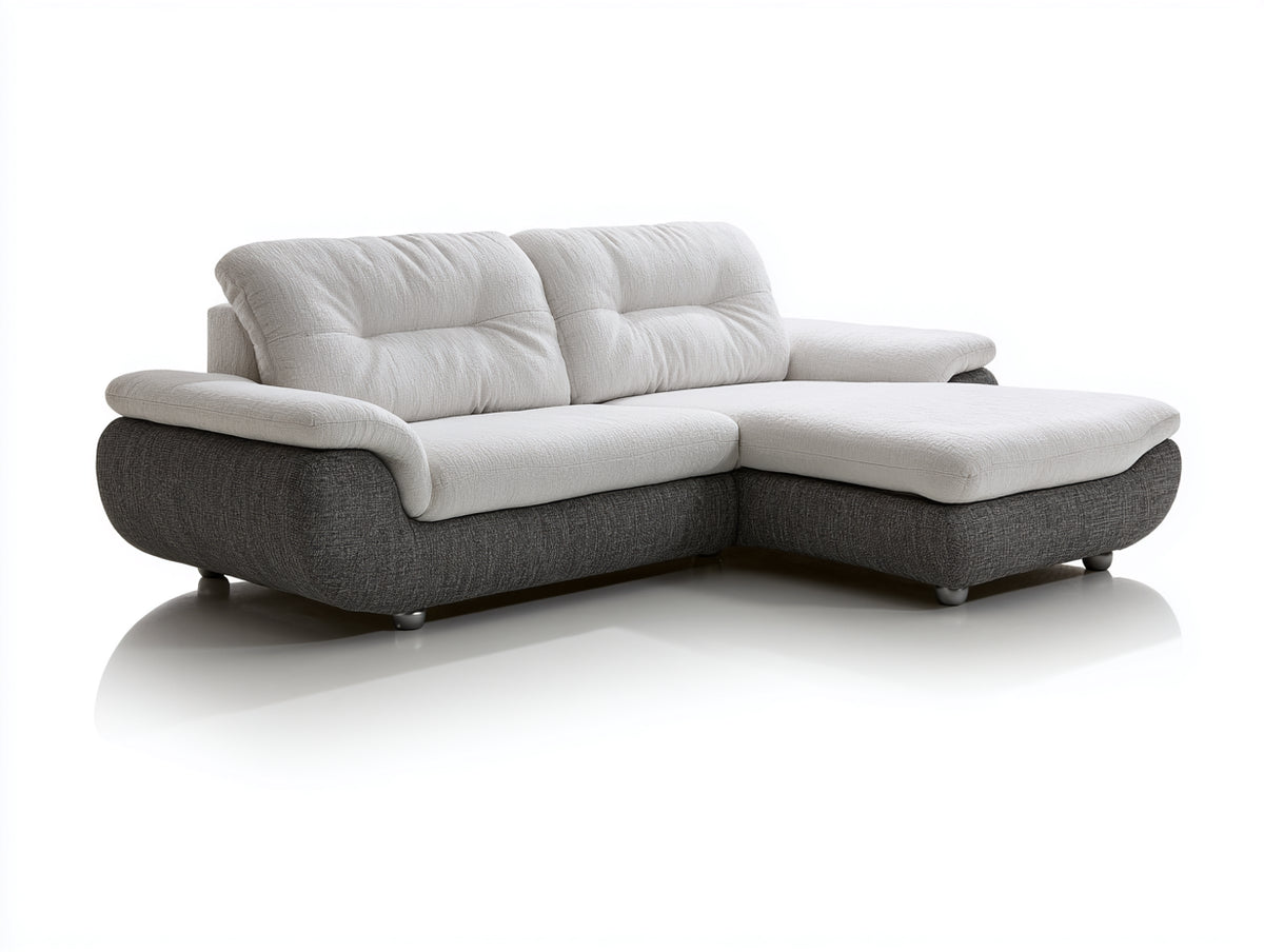Sofás de esquina de tela chenilla 260x170x85 cm color blanco y gris para salón diseño moderno