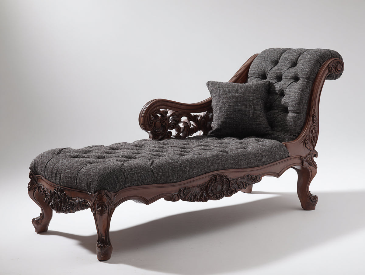 Chaise longue tela tapizada 170 x 75 x 90 cm - Gris oscuro - Estilo clásico con estructura de madera tallada