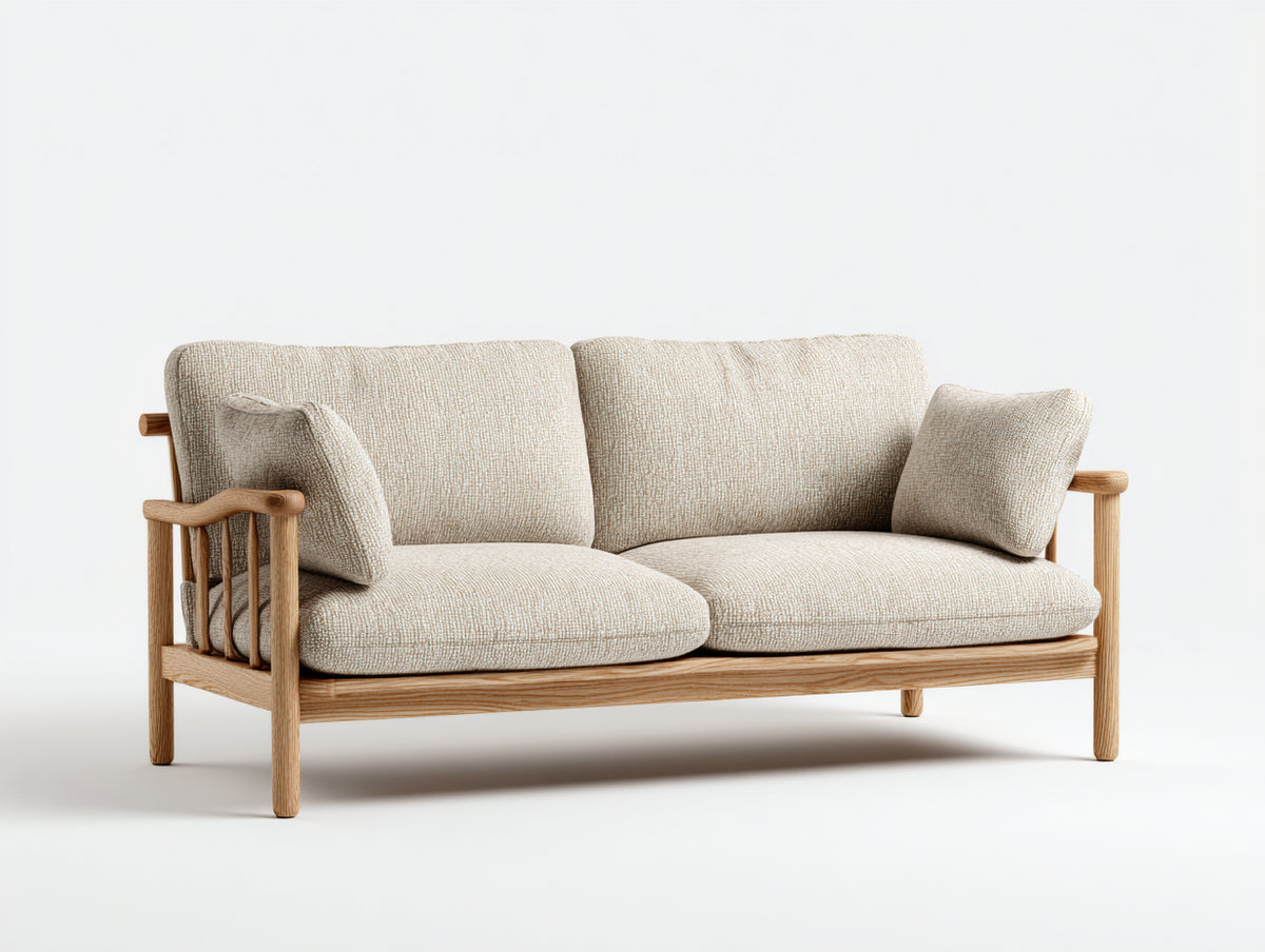 Sofás 2 plazas 200x85x80 cm con estructura de madera y tapizado beige - Diseño moderno natural para salón