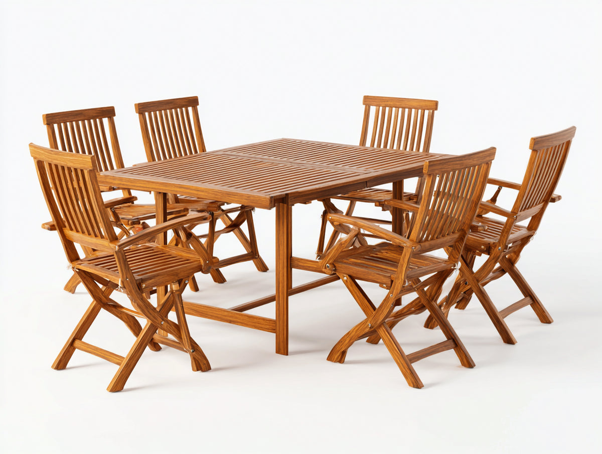 Conjuntos de comedor de jardín de madera 180 x 90 x 75 cm - mesa y 6 sillas plegables - color natural - diseño clásico para exterior