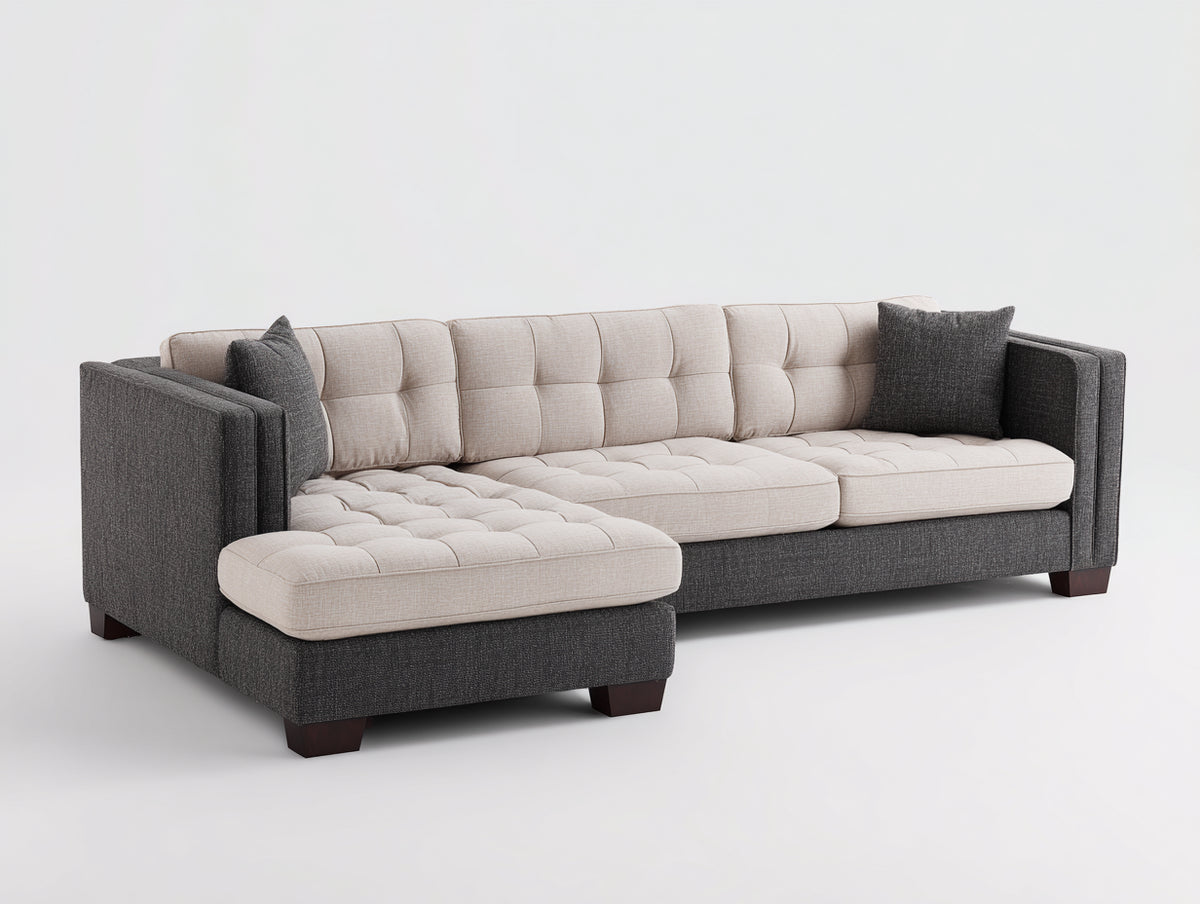 Sofás de esquina 320x260x85 cm tapizado en tela beige y gris con diseño modular y chaise longue - Sofá moderno para salón