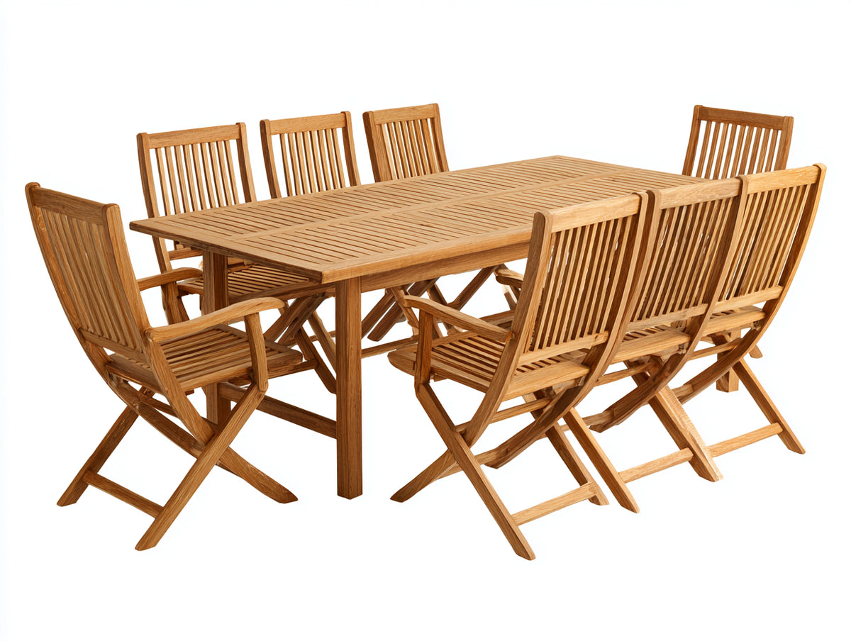 Conjuntos de comedor de jardín de madera 220x100x75 cm - color madera natural - mesa exterior con 8 sillas plegables