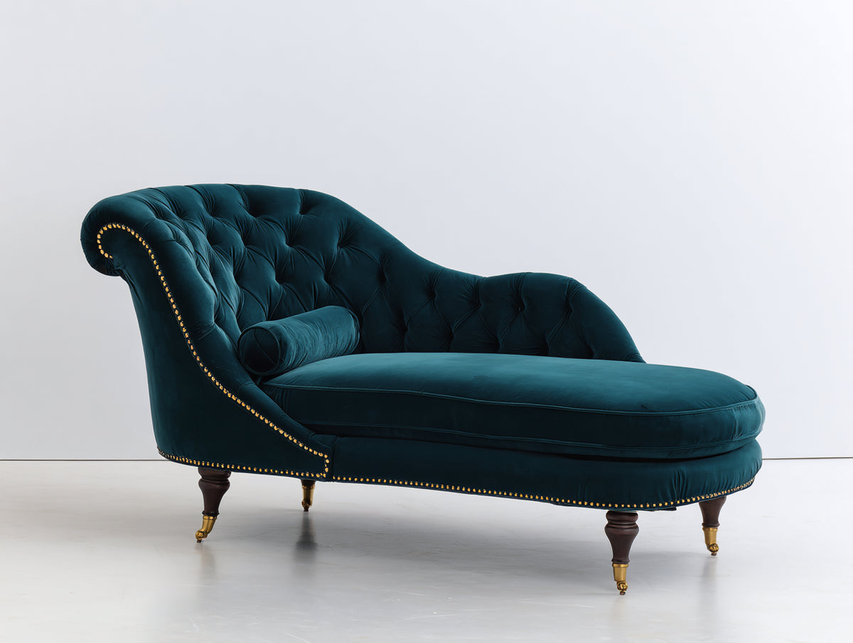 Chaise longue tapizada en terciopelo 170x75x88 cm azul petróleo para salón estilo capitoné clásico