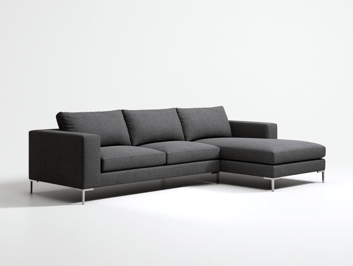 Sofá de esquina de tela 300x220x85 cm color gris oscuro estilo moderno con chaise longue