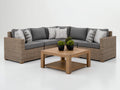 Sofás de exterior de ratán sintético con mesa de centro de madera 260x260x76 cm gris y marrón para jardín estilo moderno