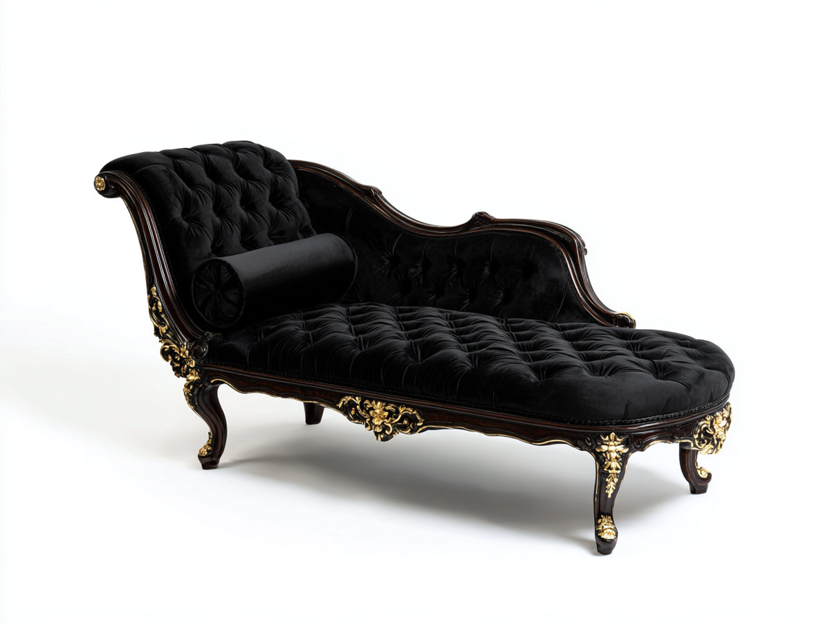 Chaise longue tapizada de terciopelo 180x75x90 cm - negro - diseño clásico elegante para salón