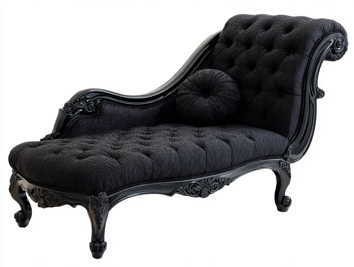 Chaise longue tapizada en terciopelo 180x80x90 cm negro para salón estilo clásico con acabado capitoné