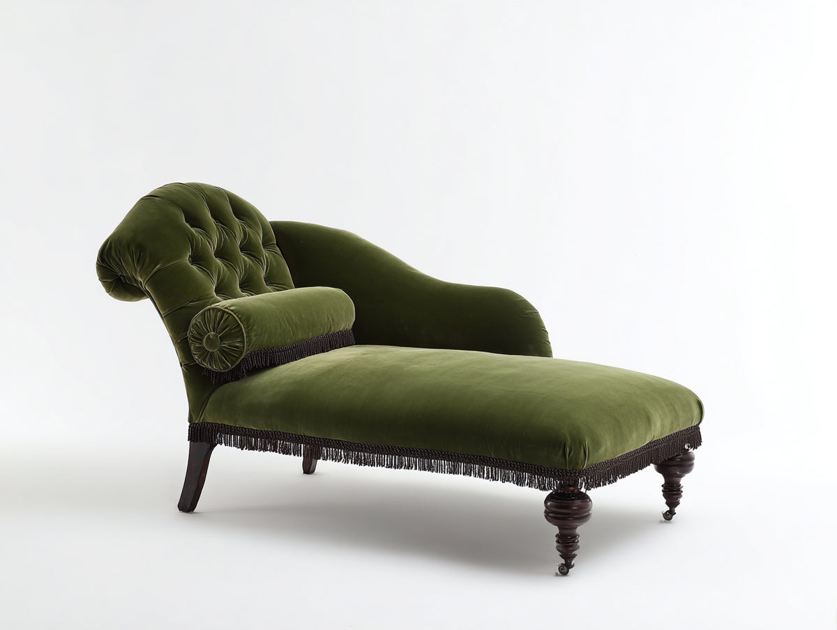 Chaise longue 160x70x85 cm tapizada en terciopelo verde con diseño clásico y respaldo curvado - Elegancia para salón y zona de descanso